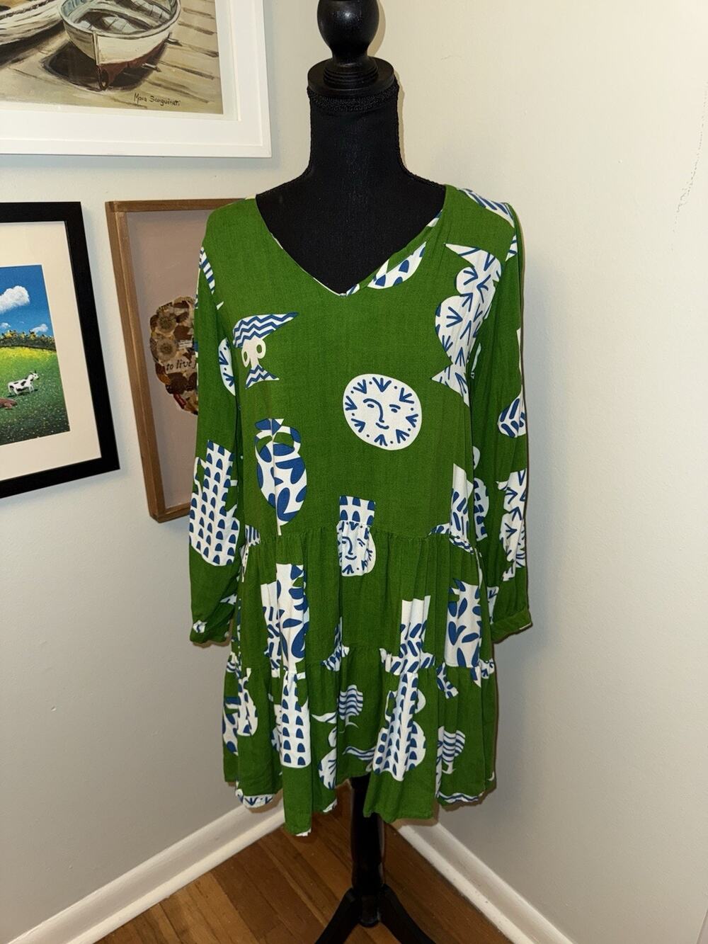 Compañía Fantástica Small Green Tiered Smock Tunic Dress Sun Face Boho Babydoll